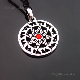 Оберег Славянский Алатырь в Ярило-Солнце, олово, 30 мм (зеленый кристалл)